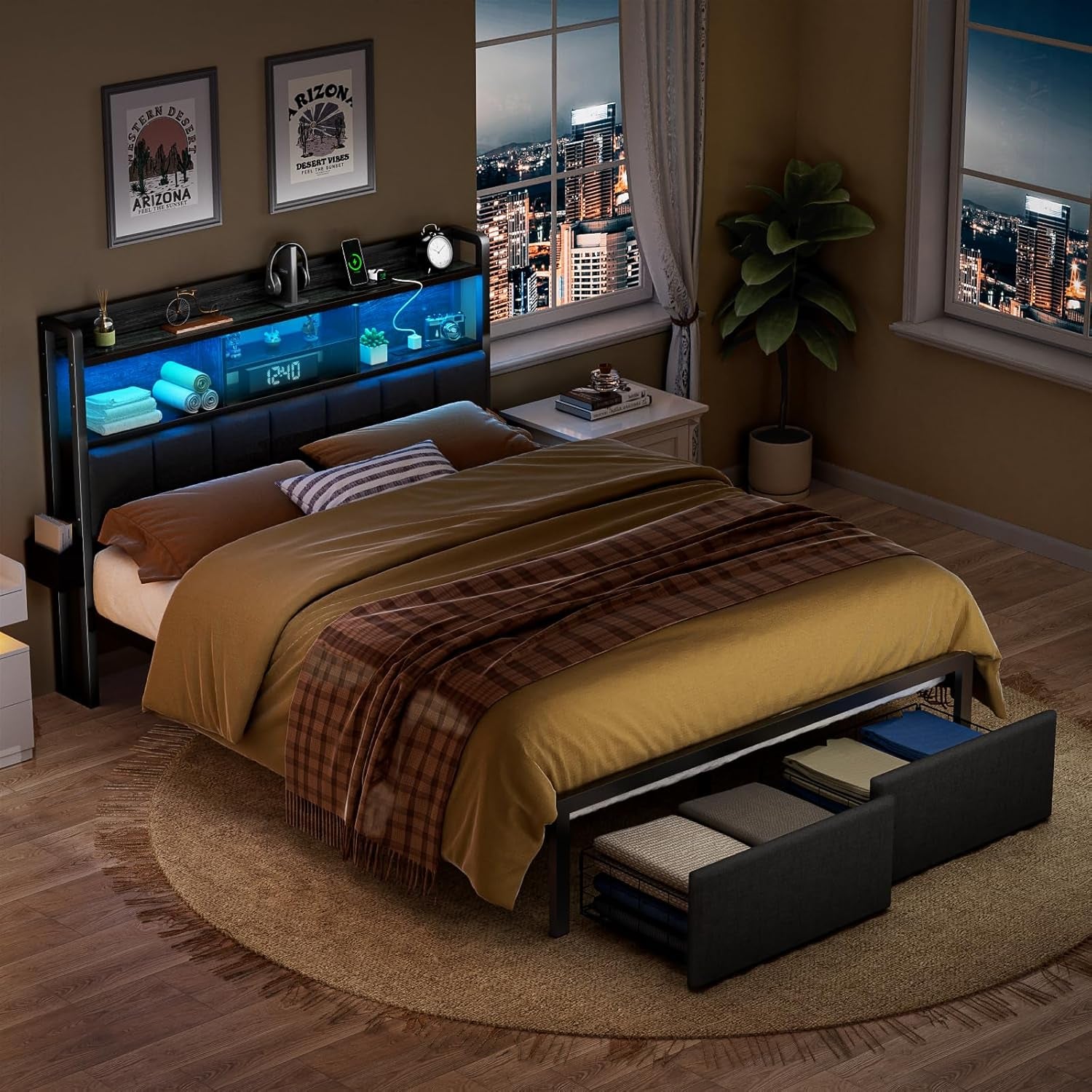 Queen Bed Frame with Storage Drawers, Upholstered Headboard with Storage Shelf, LED Lights and Charging Station, Metal Platform Bed Frame Queen Size, Noise Free, No Box Spring Needed, Black