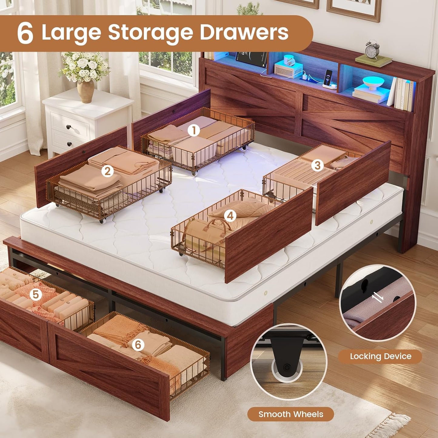 Queen Bed Frame with 6 Drawers, Farmhouse Bed Frame with Barn Door Headboard and Storage, Wood Platform Bed Frame Queen Size with Charging Station and LED Lights, No Box Spring Needed, Brown