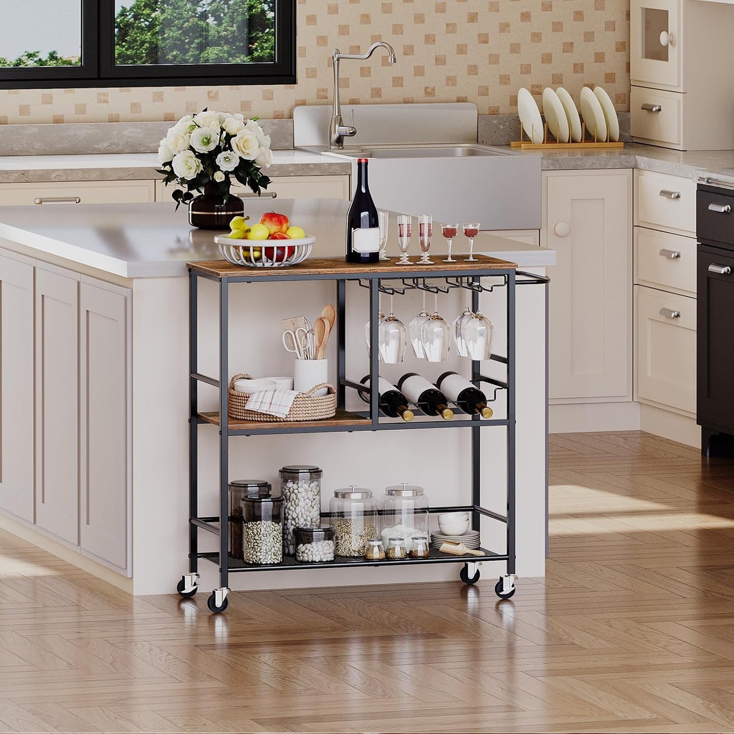 Bar Cart for the Home, 29.5 Inches 3-Tier Serving Cart with Wheels, Rolling Kitchen Cart with Wine Rack and Glass Holder for Living Room, Party, Bar, Rustic Brown and Black BF21TC01G1