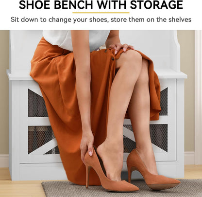 42" Wide Hall Tree with Shoe Storage, Farmhouse Entryway Bench with Coat Rack, 10 Shoe Cubbies with Adjustable Shelves & 10 Coat Hooks, Shoe Storage Bench for Entryway Hallway (White)