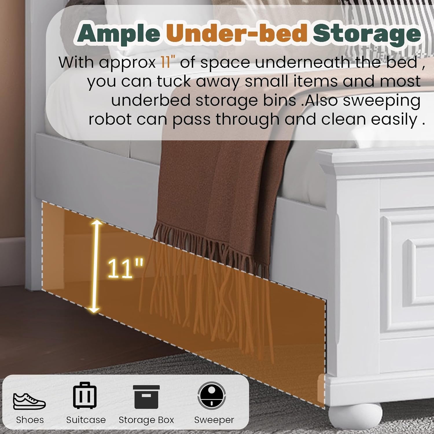 Farmhouse Queen Bed Frame with Tall Headboard and Footboard, Pinewood Panel Bed Frame Queen with under Bed Storage, Noise-Free, No Box Spring Needed, Traditional Style, White