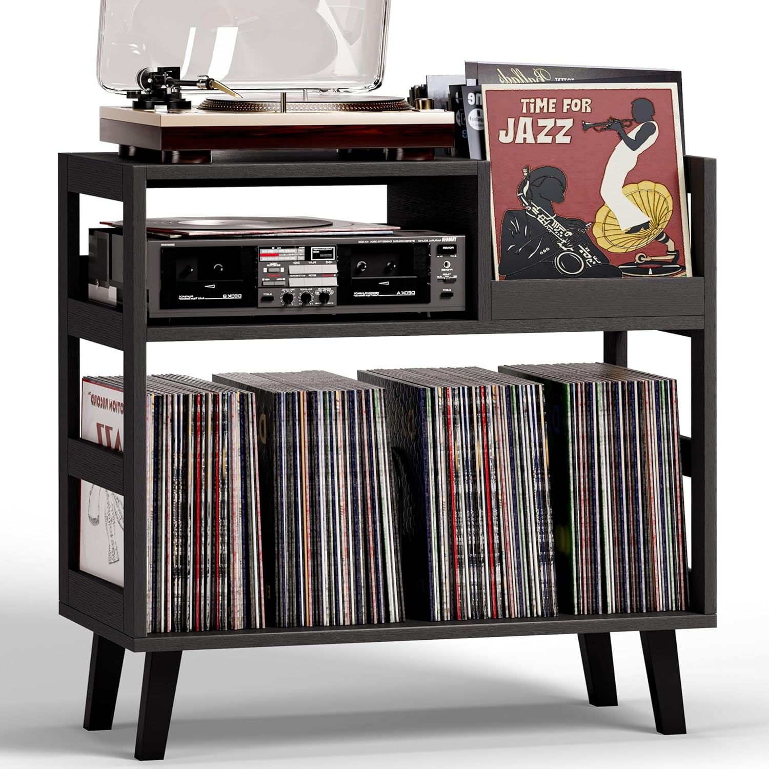 Record Player Stand with Vinyl Storage, Mid-Century Modern Turntable Stand Holds 150+ Albums, Record Player Table with Metal Dividers, Wood Media Console for Living Room (Black, Single-Sided Medium)