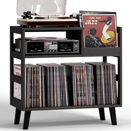 Record Player Stand with Vinyl Storage, Mid-Century Modern Turntable Stand Holds 150+ Albums, Record Player Table with Metal Dividers, Wood Media Console for Living Room (Black, Single-Sided Medium)