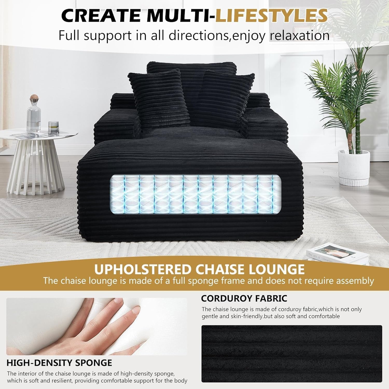 67" Oversized Chise Lounge Chir Indoor, Corduroy Cloud Couch with 3 Pillows, Deep Set Sleeper Sof, No ssembly Required, Comfy Reding Chir for Living Room/Bedroom (Blck)