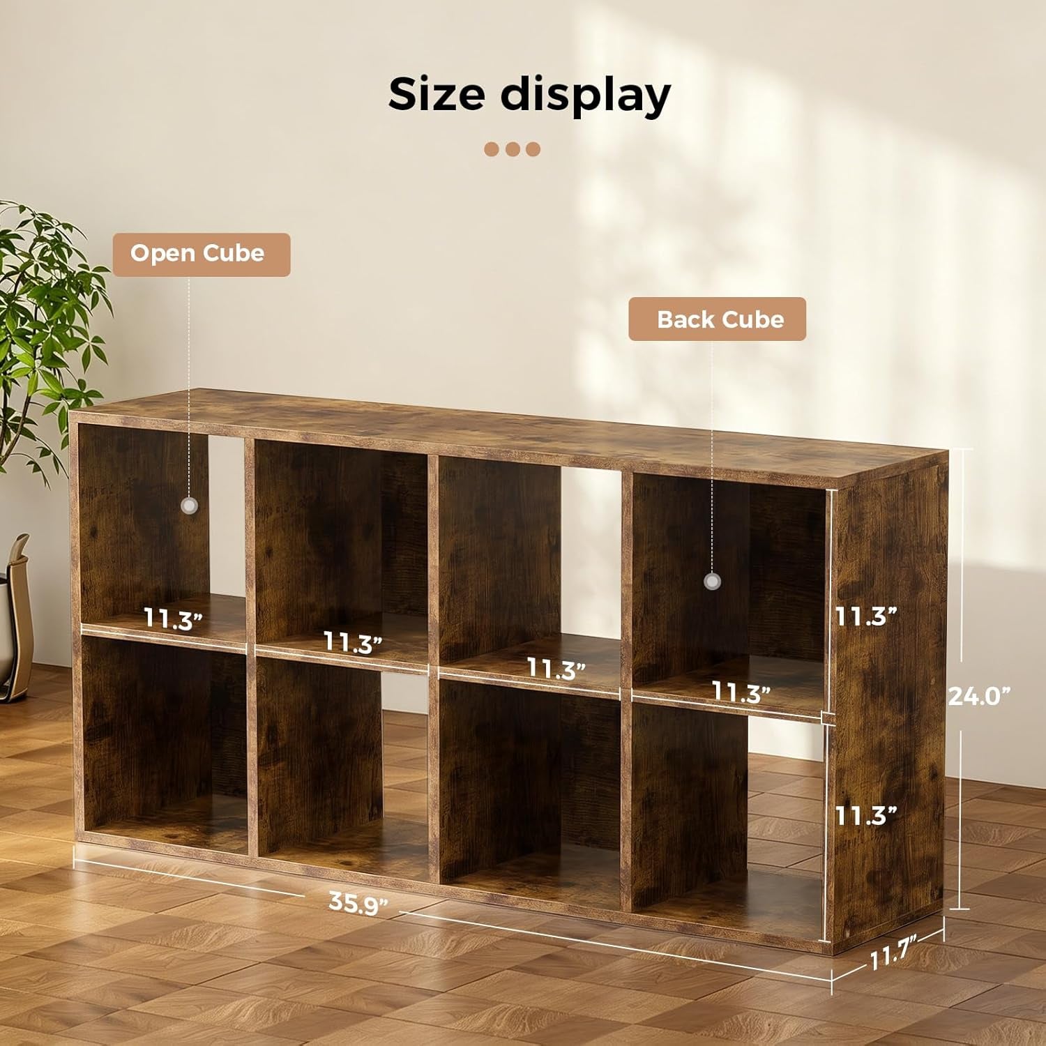 8-Cube Storage Organizer, Stackable Modular Bookcase Shelf with Vertical or Horizontal Use, Fits 11×11" Bins, Optional Back Panels, for Living Room, Office Rustic Brown