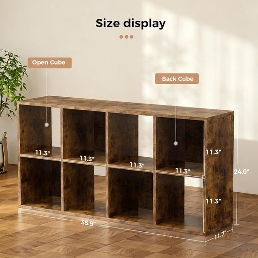 8-Cube Storage Organizer, Stackable Modular Bookcase Shelf with Vertical or Horizontal Use, Fits 11×11" Bins, Optional Back Panels, for Living Room, Office Rustic Brown