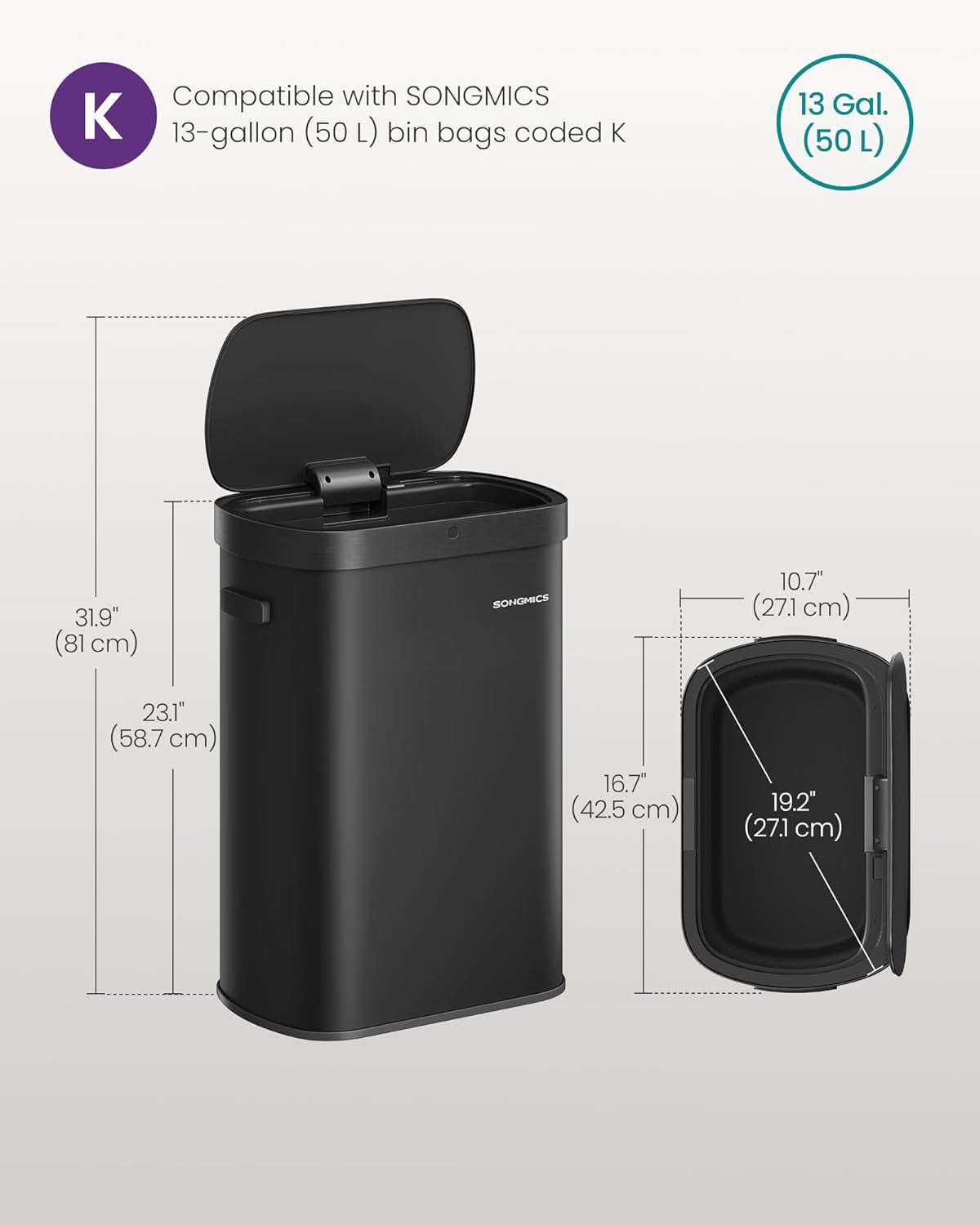 Motion Sensor Trash Can, 13-Gallon (50 L) Automatic Garbage Can with Soft Close Lid, Stainless Steel, Wave or Touch to Open, Includes 15 Bags, Ink Black ULTB640B01
