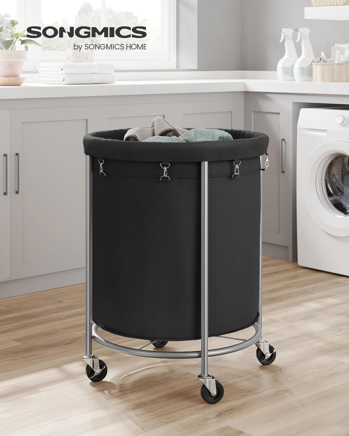 50.2-Gallon (190 L) Laundry Basket with Wheels, Rolling round Heavy-Duty Laundry Hamper Cart with Steel Frame and Removable Bag, 2 Locking Wheels, Ink Black and Metallic Silver URLS001B01