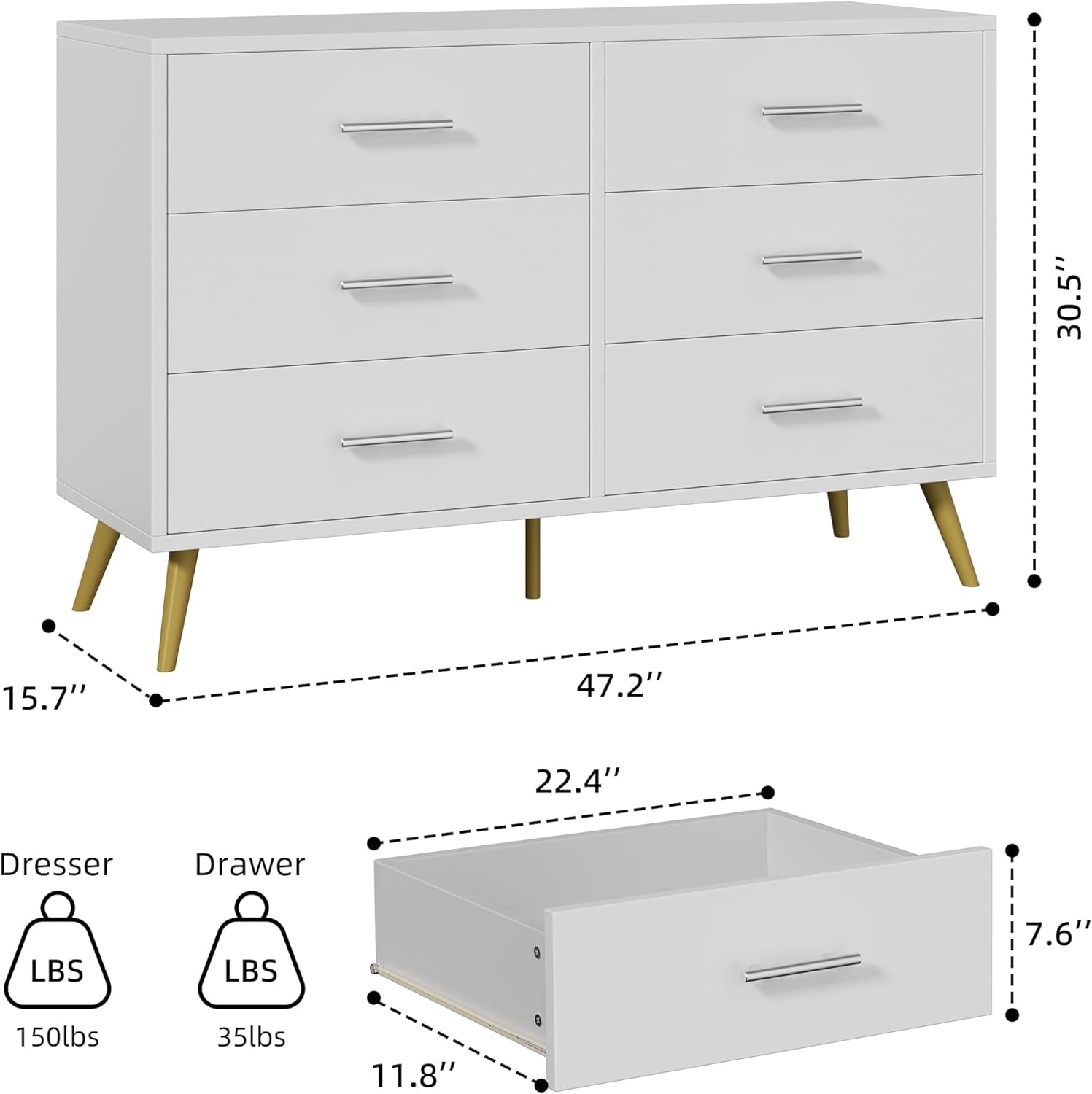 6 Drawer Dresser, Wide Chest of Drawers Organizer Storage with Drawers, Large Storage Cabinet, Modern Design Dresser for Bedroom, Living Room, Porch, White