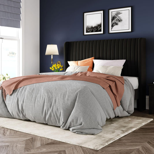 Queen Size Velvet Bed Frame/Vertical Channel Tufted Wingback Headboard/Upholstered Platform Bed/Strong Wooden Slats/No Box Spring Needed/Easy Assembly/Black