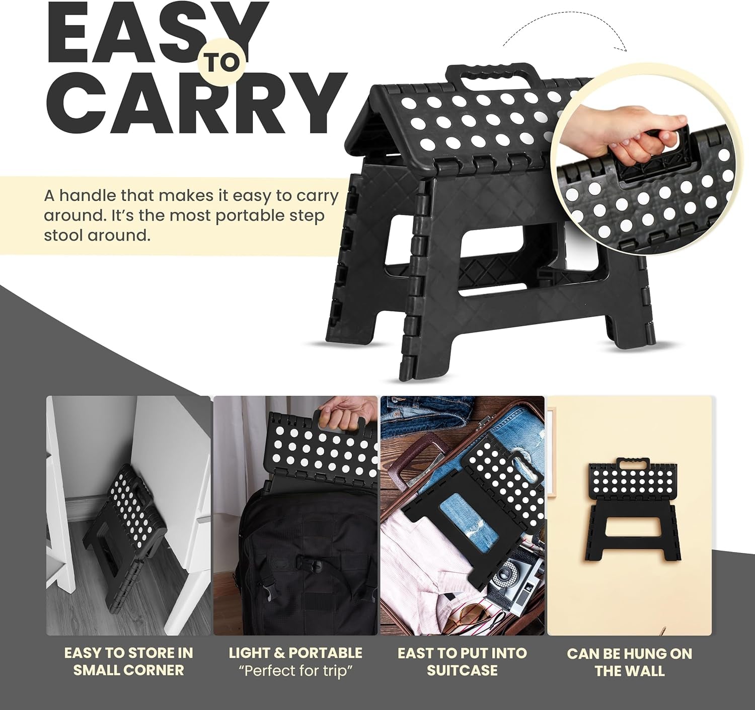 Folding Step Stool with Handle - (Pack of 1) Anti-Slip Foot Stool with 9 Inch Height - Holds up to 300 Lbs - Sturdy Plastic Foldable Step Stool for Kitchen, Bathroom & Living Room (Black)