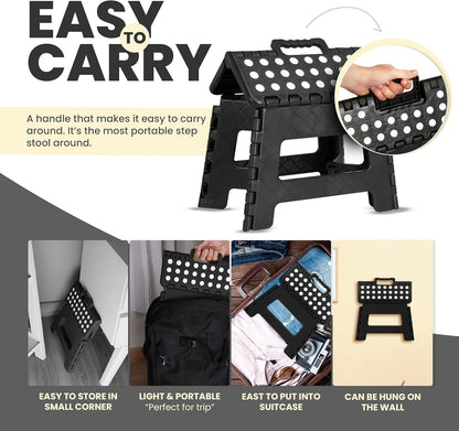 Folding Step Stool with Handle - (Pack of 1) Anti-Slip Foot Stool with 9 Inch Height - Holds up to 300 Lbs - Sturdy Plastic Foldable Step Stool for Kitchen, Bathroom & Living Room (Black)