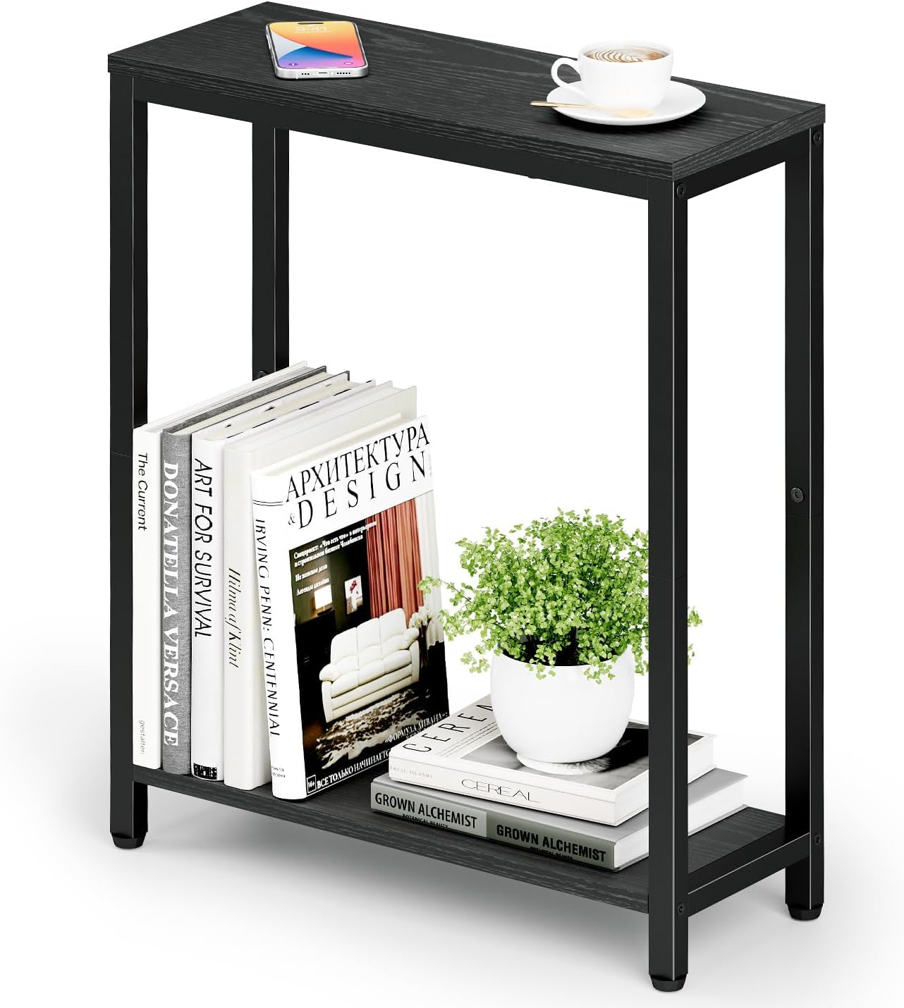 8.6” Narrow Small Side Table for Small Spaces, 2 Tier Skinny Couch End Tables Living Room, Slim Nightstand for Bedroom Bedside, Brown