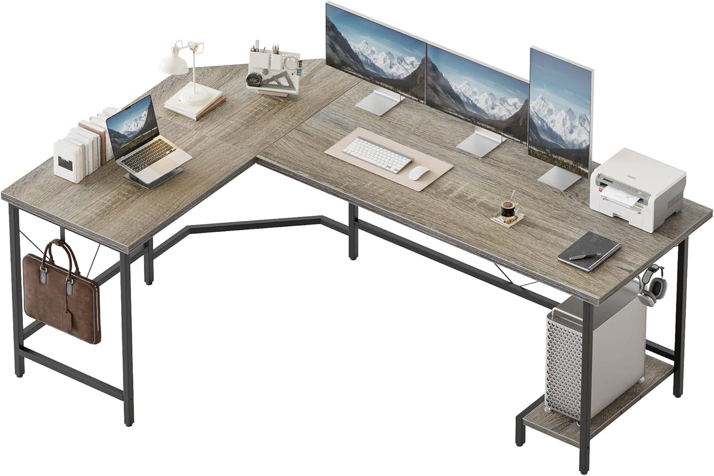 59 Inch Large L Shaped Desk, Simple Corner Gaming Desk with CPU Stand & Hooks, Computer Desk for Home, Bedroom & Office Workspace, Grey