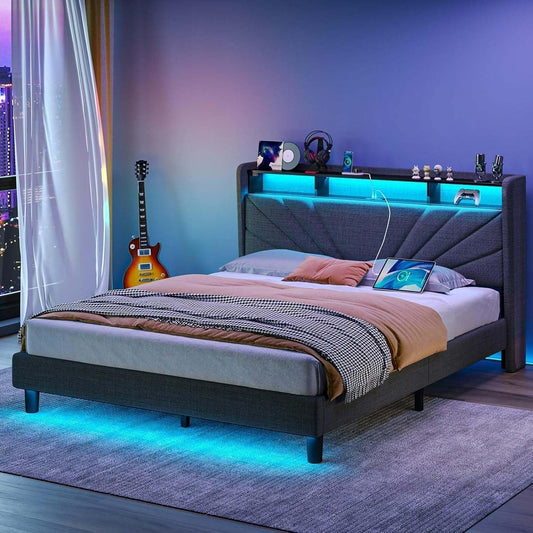Full Size Bed Frame, Storage Headboard with Charging Station and LED Lights, Upholstered Bed with Heavy Duty Wood Slats, No Box Spring Needed, Noise Free, Easy Assembly, Dark Grey