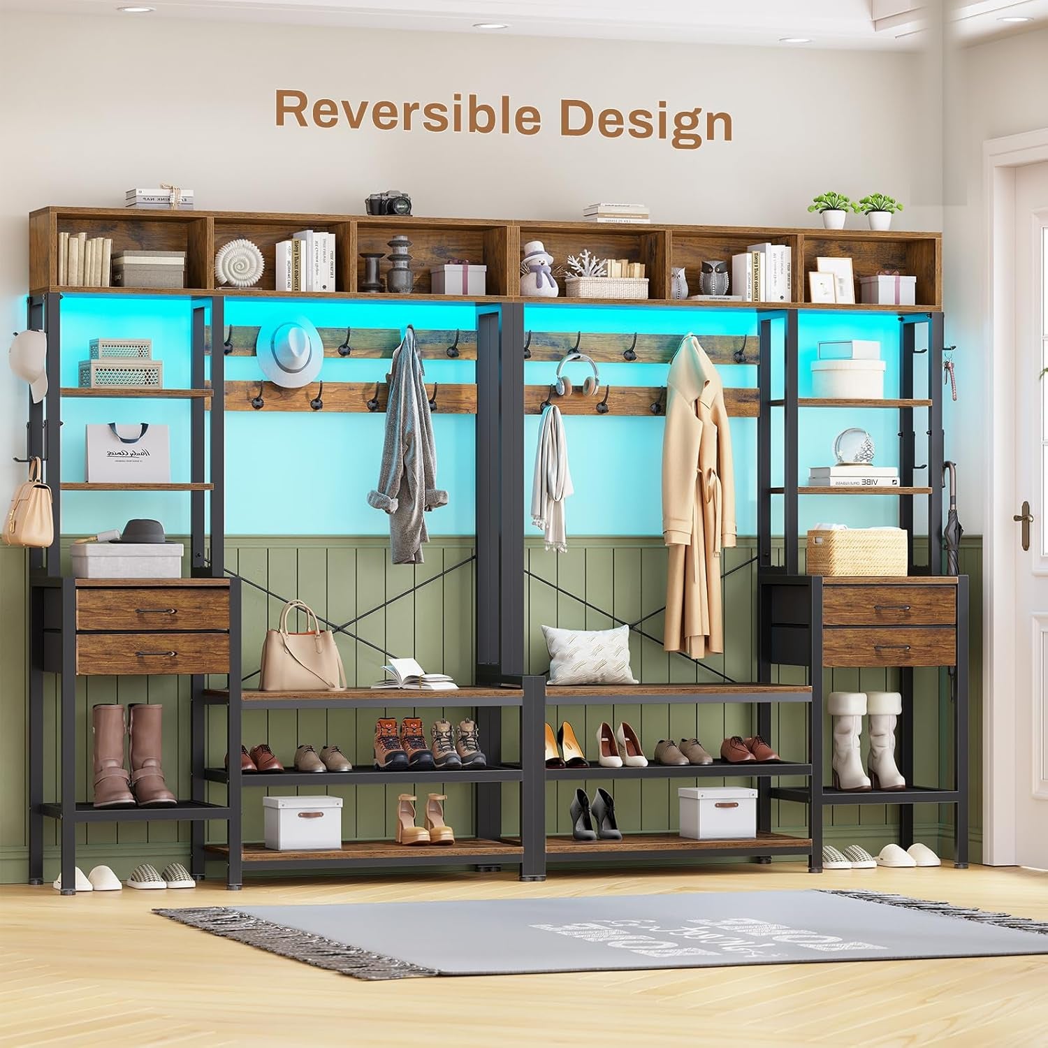 Hall Tree with Bench and Shoe Storage, 7-In-1 Entryway Bench with Coat Rack, 3 Storage Cubbies, 3 Open Shelves, 17 Coat Hooks, 2 Fabric Drawers (Rustic Brown)