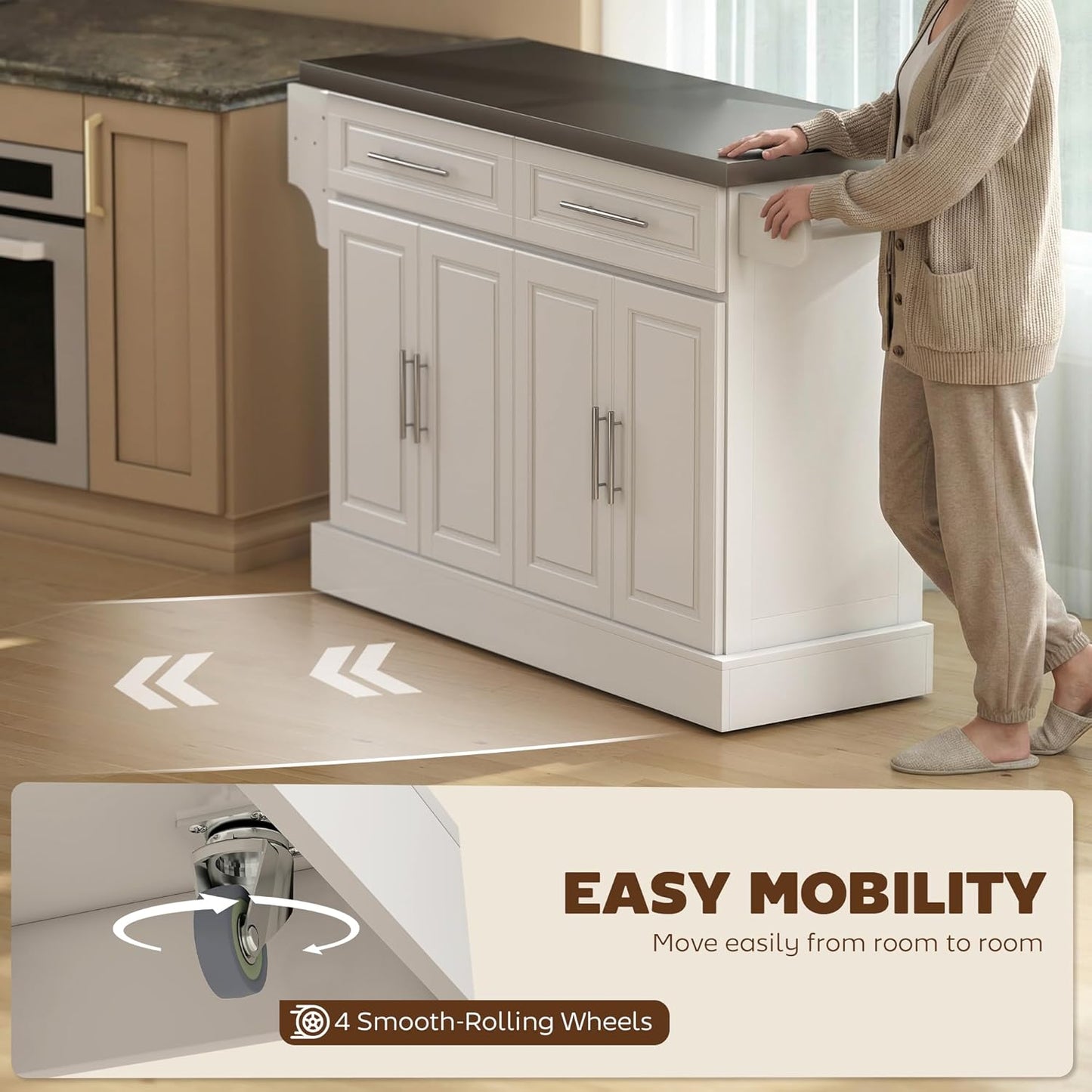 Rolling Kitchen Island Cart with 47" Stainless Steel Top, Portable Island Table for Kitchen with Wheels, Adjustable Shelves, 2 Drawers, Spice, Knife and Towel Rack, White