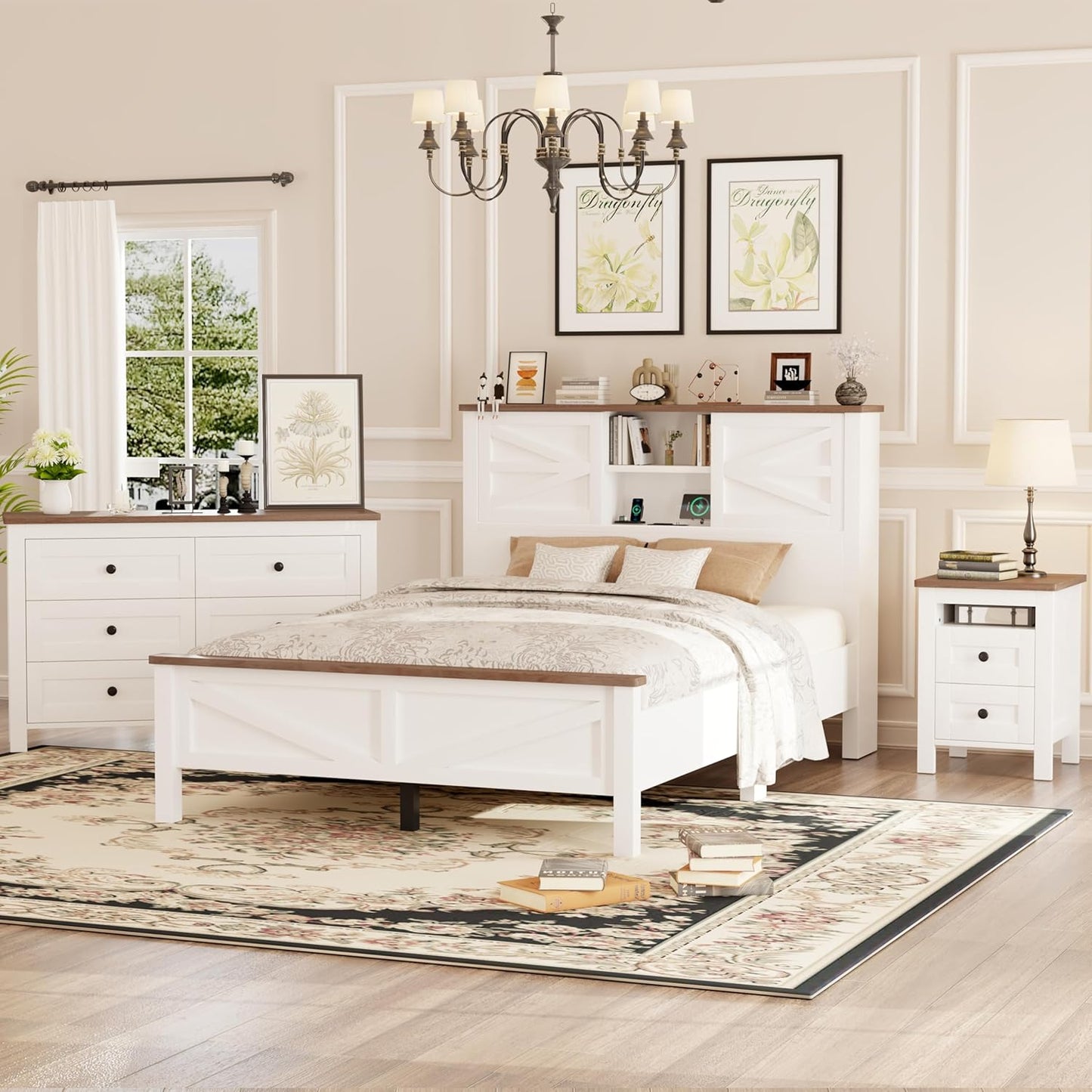 3-Pieces Full Size Bedroom Sets Farmhouse Platform Bed with Double Sliding Door Storage Headboard, Storage Nightstand and Dresser, White