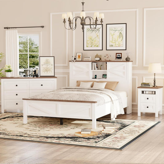 3-Pieces Full Size Bedroom Sets Farmhouse Platform Bed with Double Sliding Door Storage Headboard, Storage Nightstand and Dresser, White
