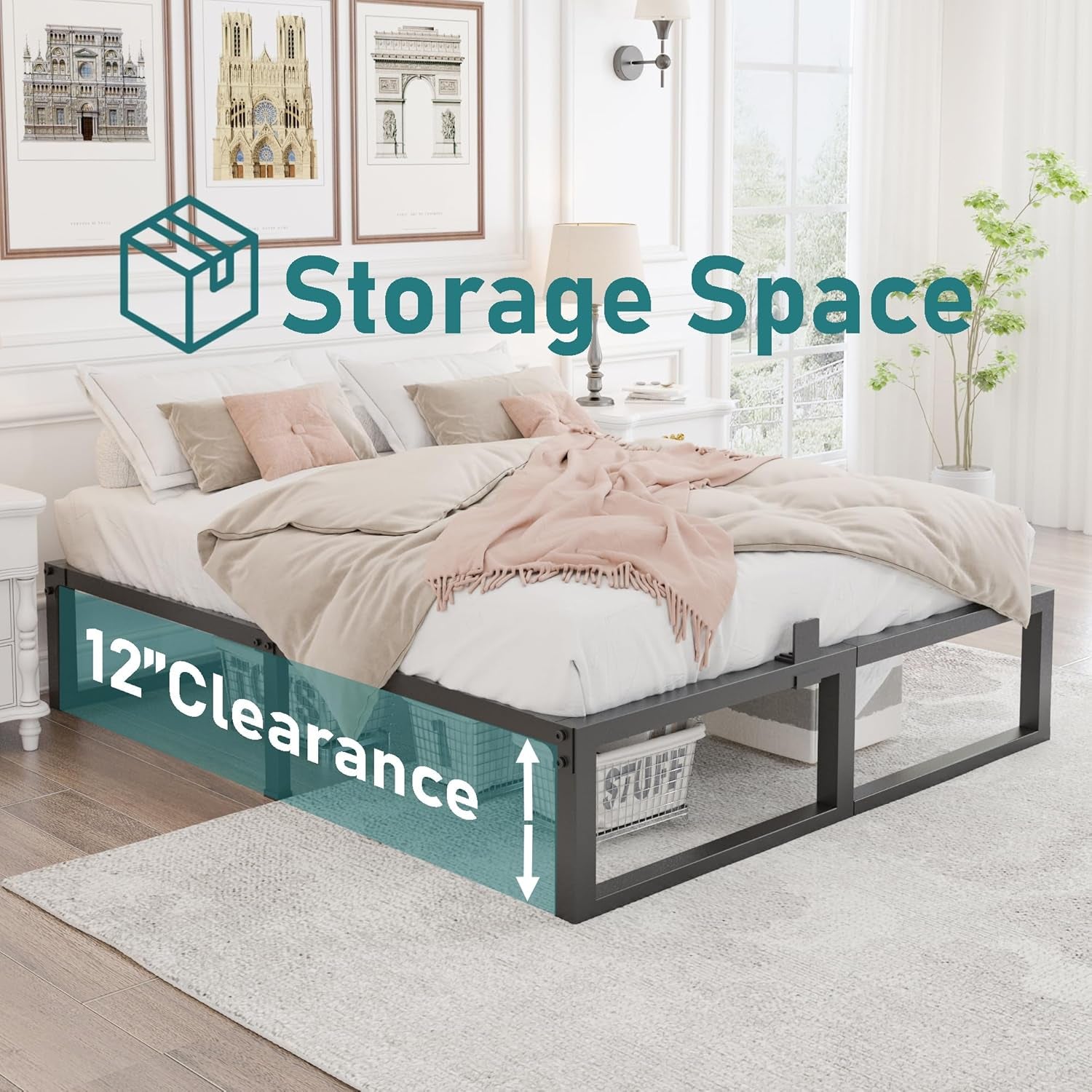 14 Inch Queen Bed Frame,3500 Lbs Heavy Duty Metal Platform, Steel Slats Support/No Box Spring Needed/Noise Free/Non-Slip/Easy Assembly