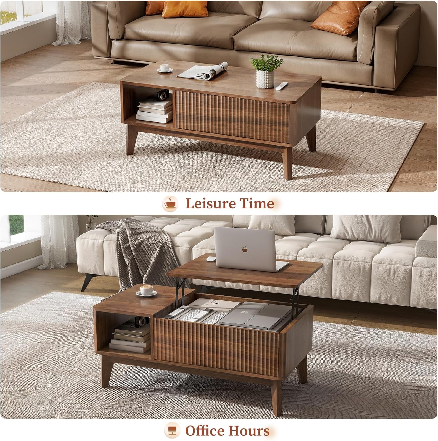 Fluted Lift Top Coffee Table with Storage, Modern Coffee Table for Living Room, Home Office（Walnut）
