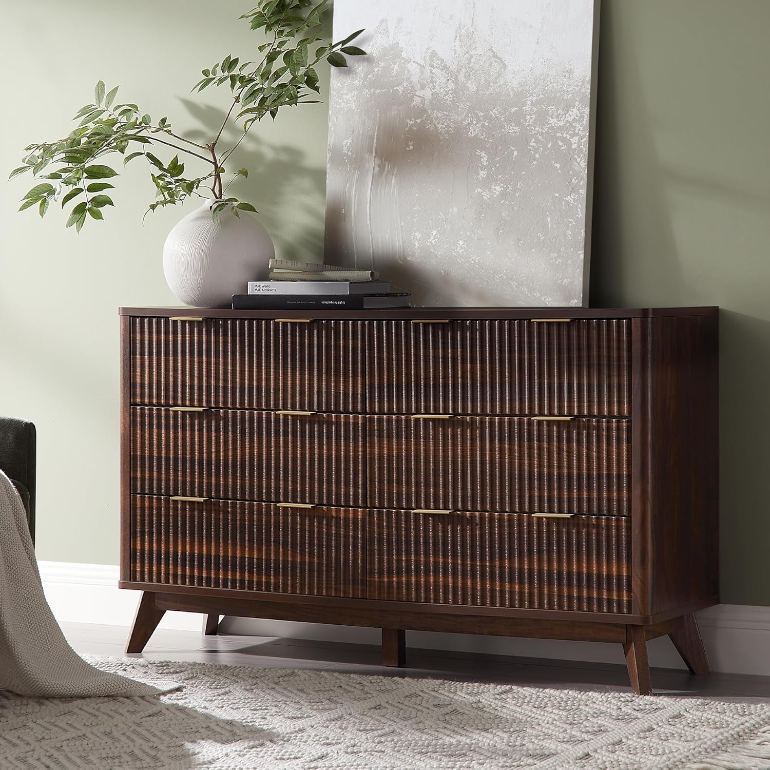Fluted 6 Drawers Dresser, 54" Wide Modern Chest of Drawers, Curved Profile Design, Dresser TV Stand, Wood Drawer Organizer for Bedroom, Living Room, Hallway, Dark Walnut