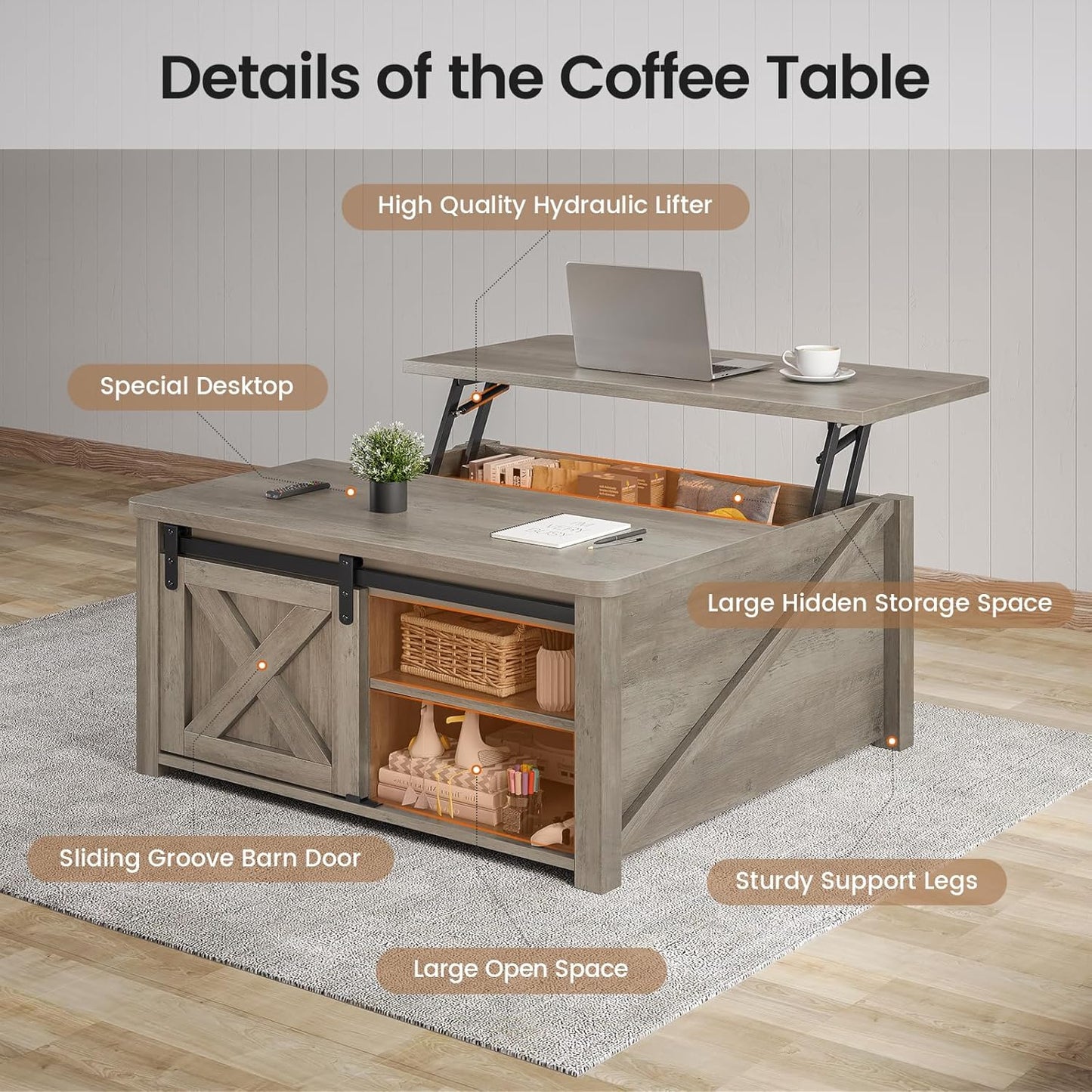 31.5" Lift Top Coffee Table with Storage, Square Coffee Tables for Living Room, Farmhouse Coffee Table with Large Hidden Storage Compartment and Adjustable Shelves, Grey