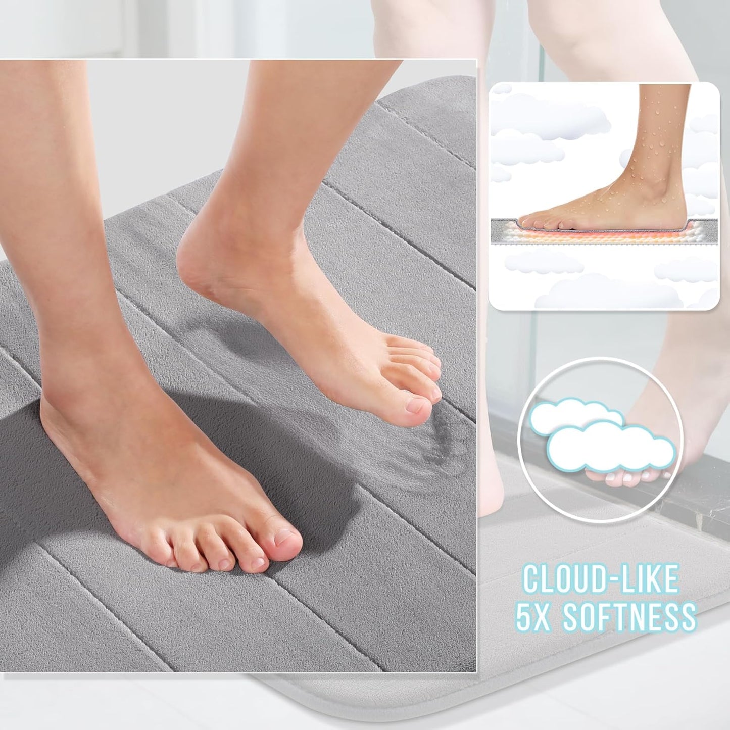 Memory Foam Bath Mat, Super Soft Absorbent Bathroom Rug Non Slip 24X17 Inch, Quick Dry, Machine Washable Floor Carpet for Tub Shower, Home Decor Accessories, Gray