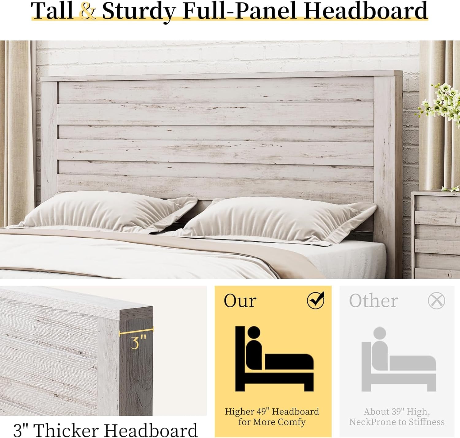 Farmhouse Queen Bed Frame with 49" Tall Headboard, Wooden Platform Bed with Hidden Metal Bed Frame, No Box Spring Needed/Noise Free, Distressed White