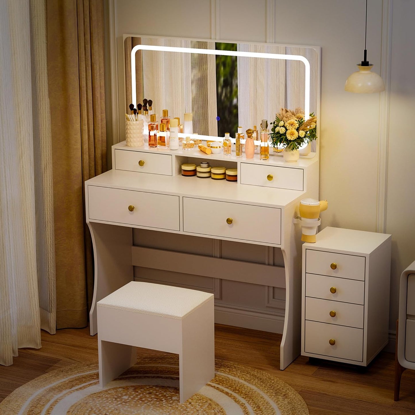 Vanity Desk with File Cabinet, 8 Drawers Makeup Vanity with Mirror and Lights,3 Lighting Modes Dressing Table with Chair, Power Outlet, Silent Slides, White