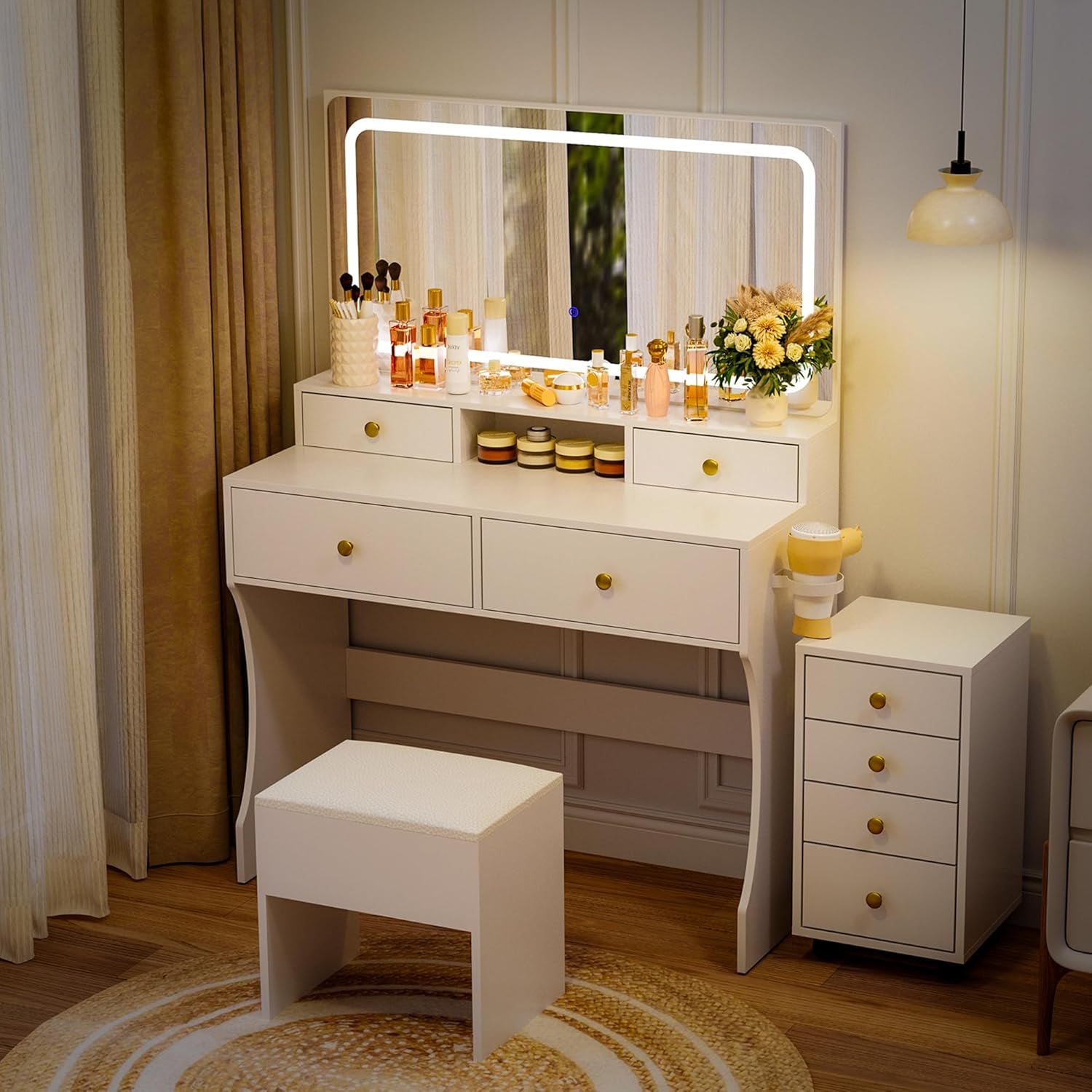 Vanity Desk with File Cabinet, 8 Drawers Makeup Vanity with Mirror and Lights,3 Lighting Modes Dressing Table with Chair, Power Outlet, Silent Slides, White