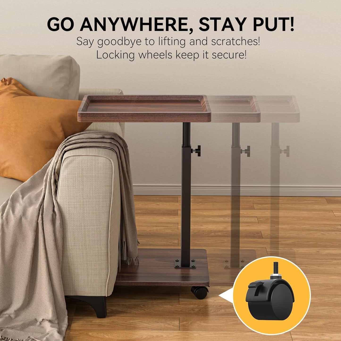 C Table End Table Adjustable Height, 360°Swivel TV Tray Table for Small Spaces, Couch Tables That Slide Under, C Shaped Side Tables Living Room and Bedroom for Sofa, Bed,Chair, Snack (1, Walnut Brown)