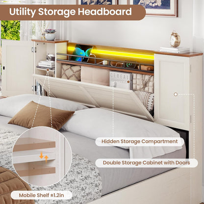 Farmhouse Queen Bed Frame with Headboard and Double Barn Door Storage Cabinets, Rustic Wooden Bed Frame Queen Size with Charging Station, 4 Drawers and LED Lights, No Box Spring Needed, White
