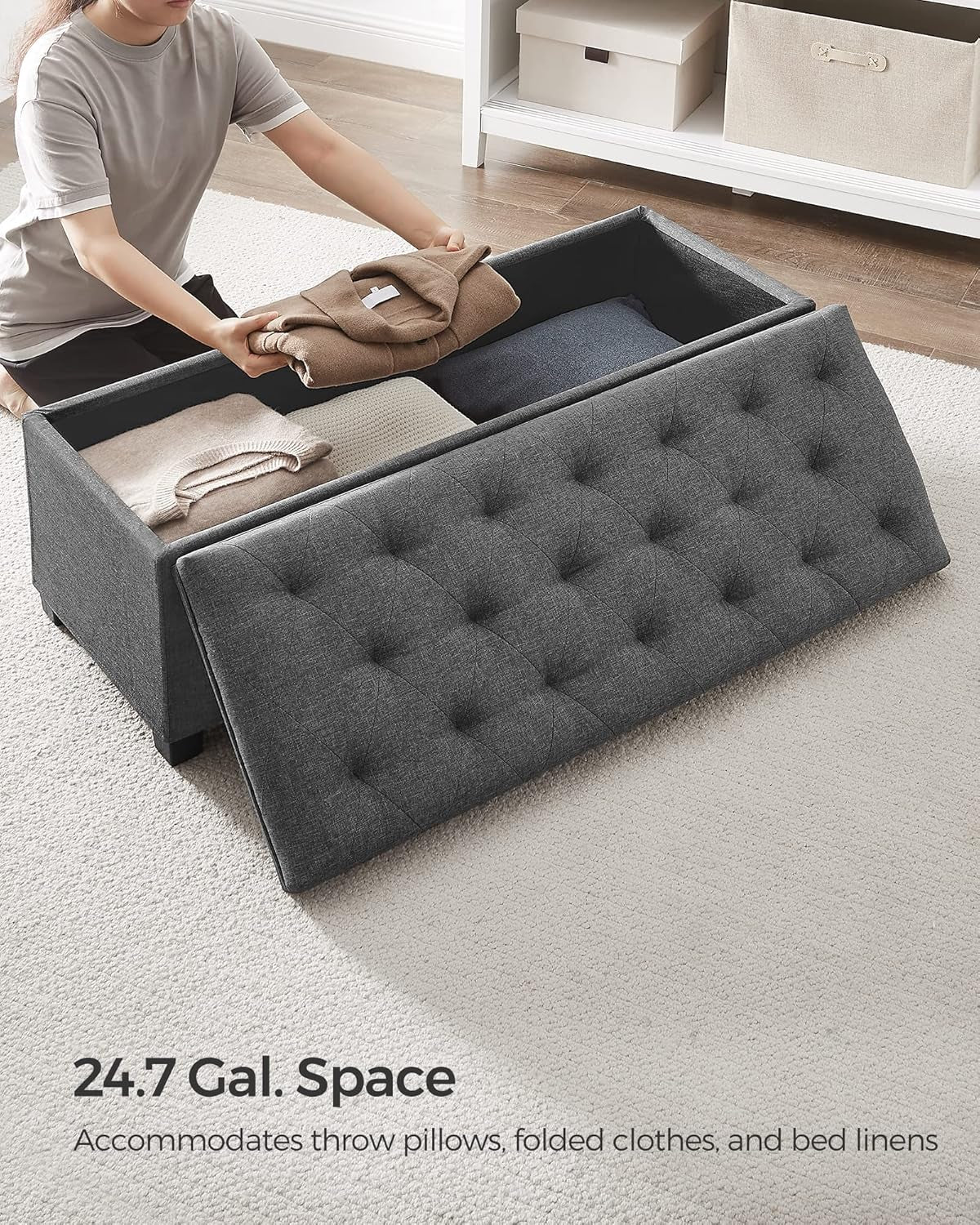 Storage Ottoman Bench, Foot Rest with Legs, 15.7 X 43.3 X 15.7 Inches, End of Bed Bench, Storage Chest, Load up to 660 Lb, for Living Room, Bedroom, Entryway, Dark Gray ULSF088G01