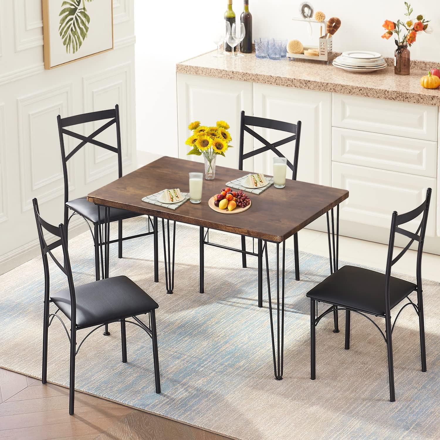 5-Piece Dining Table Set for Home Kitchen Small Space Breakfast Nook, 4 Faux Leather Metal Frame Chairs, Retro Brown