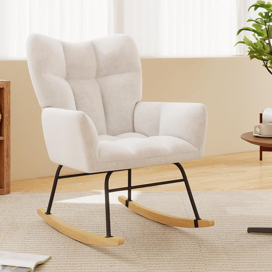 Nursery Rocking Chair, Rocking Chairs for Nursery, Baby Rocker Chair, Glider Rocker, Anti-Tip Safety Design, 440 Lb Weight Capacity, Cotton Fabric Cover, White