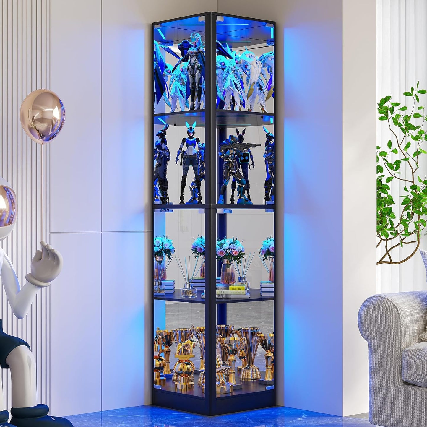 Corner Display Cabinet with Glass Doors, 68" Display Case with LED Lights, 4-Tier Curio Cabinets for Collectibles, Toys, Books, Modern Storage Cabinet, Black