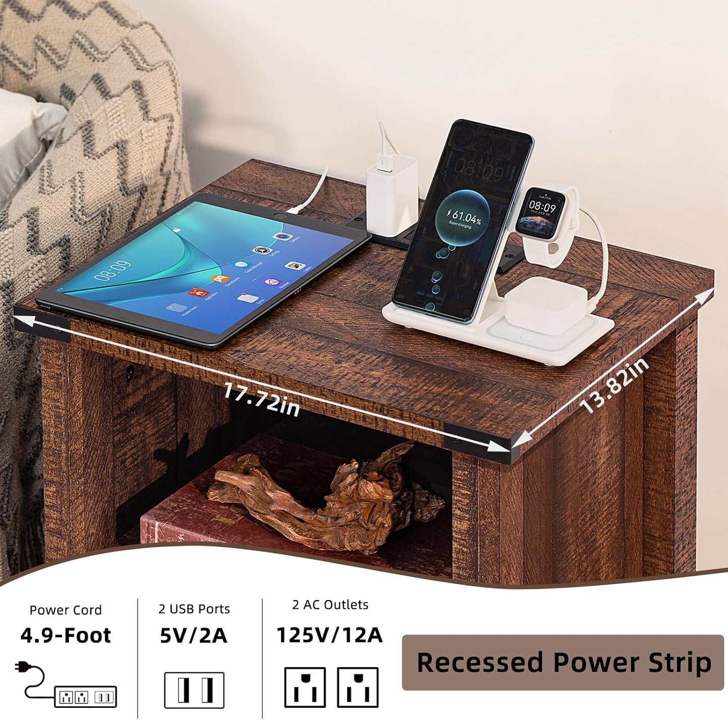 Night Stand with Charging Station and USB Port, 18 Inch Farmhouse Nightstand with Storage Shelf, Rustic Wood Bedside Table with Magnetic Door, Bed Side Tables for Bedroom, Reclaimed Barnwood