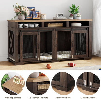 71" Extra Large Dog Crate Furniture, Heavy Duty Dog Kennel with Sliding Barn Door, 3 Storage Compartments & Removable Divider, TV Stand Side Table for Living Room, Light Oak/Dark Walnut
