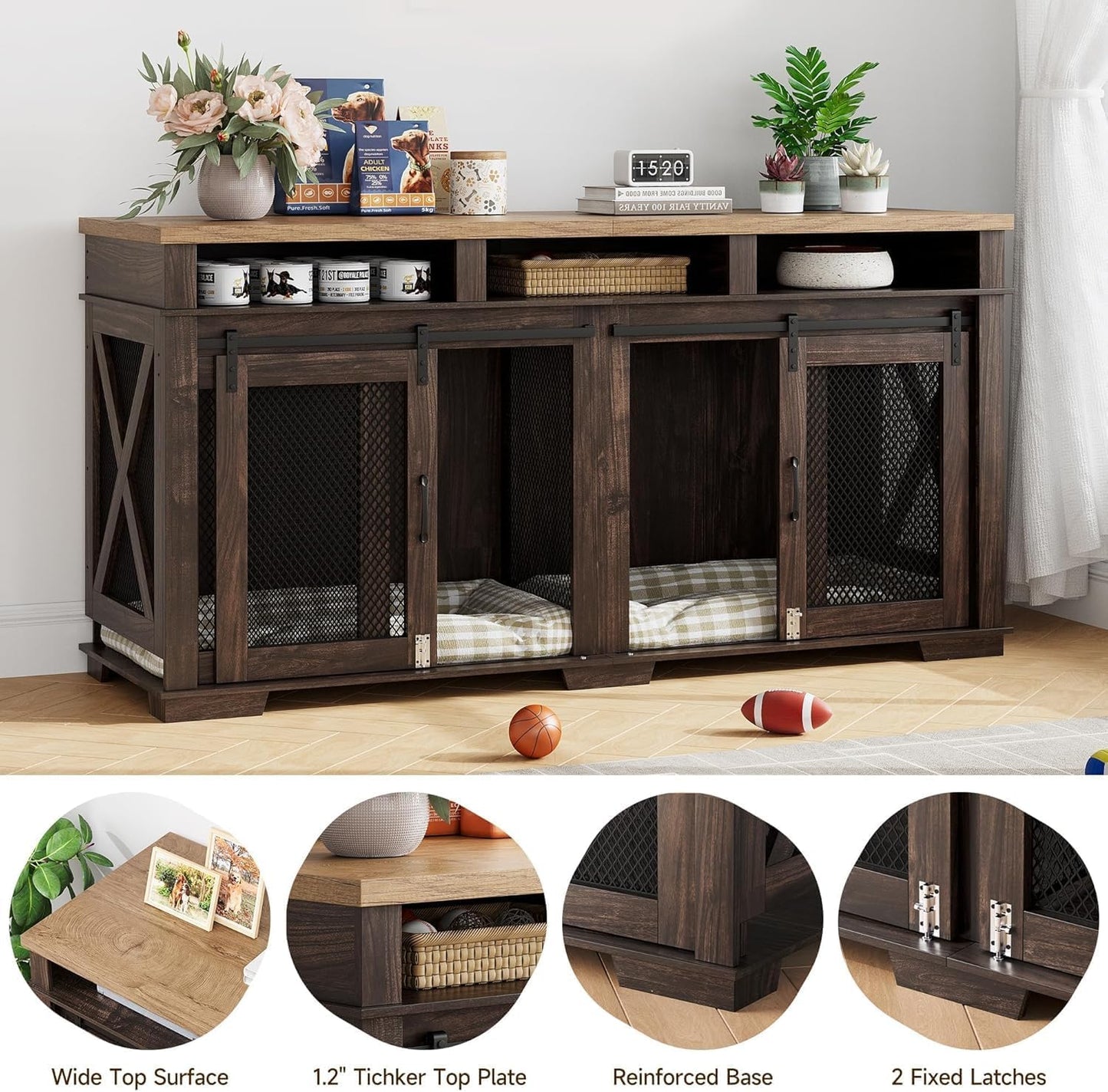 71" Extra Large Dog Crate Furniture, Heavy Duty Dog Kennel with Sliding Barn Door, 3 Storage Compartments & Removable Divider, TV Stand Side Table for Living Room, Dark Walnut/White