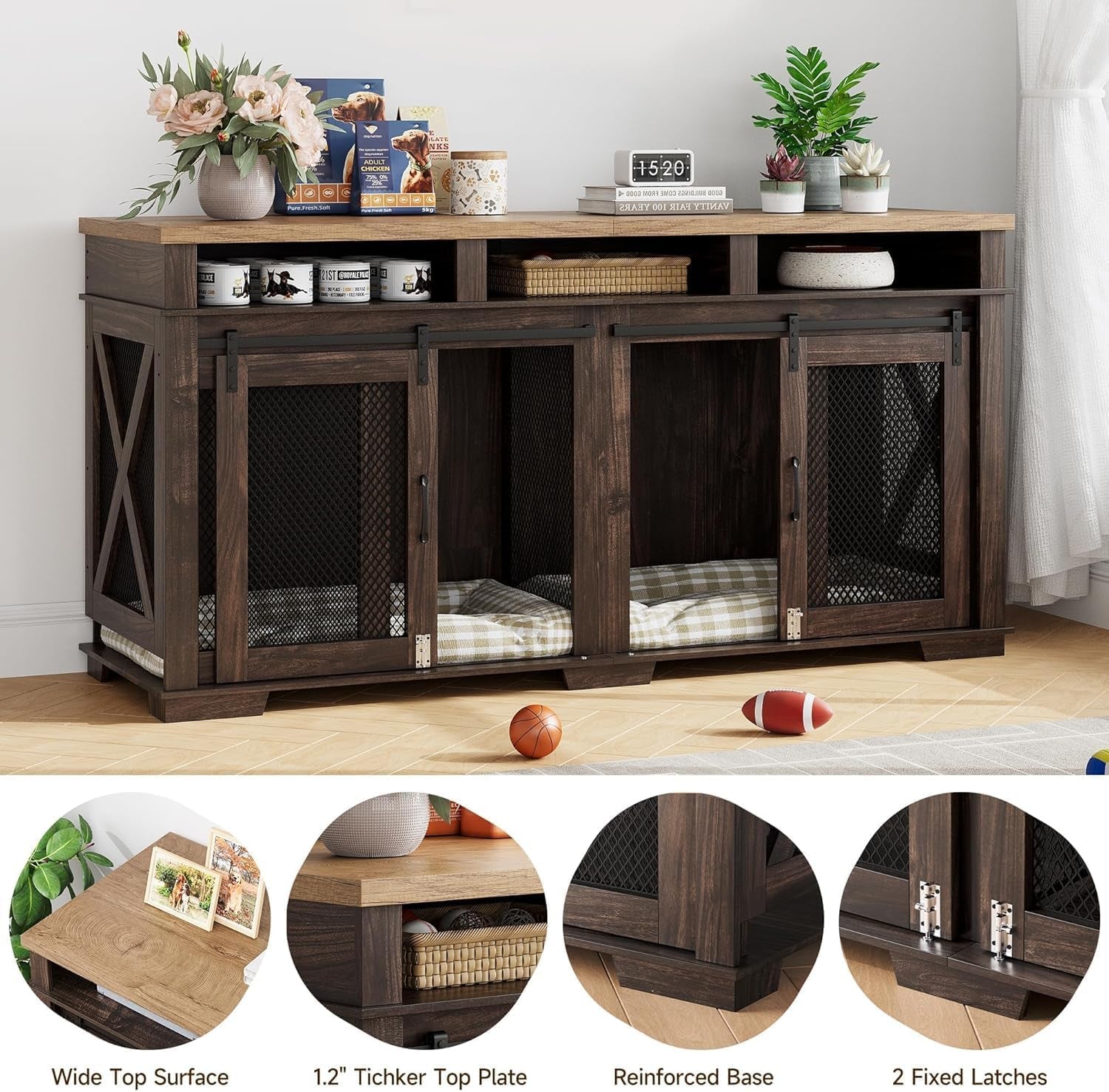 71" Extra Large Dog Crate Furniture, Heavy Duty Dog Kennel with Sliding Barn Door, 3 Storage Compartments & Removable Divider, TV Stand Side Table for Living Room, Light Oak/White