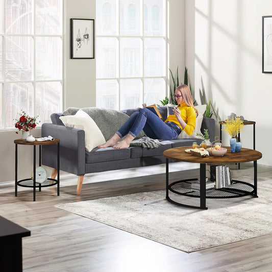 round Coffee Table and End Table Set of 3 with Storage, Modern Vintage Dark Brown Coffee Table and Side Table for Living Room, Office, Apartment, Small Space