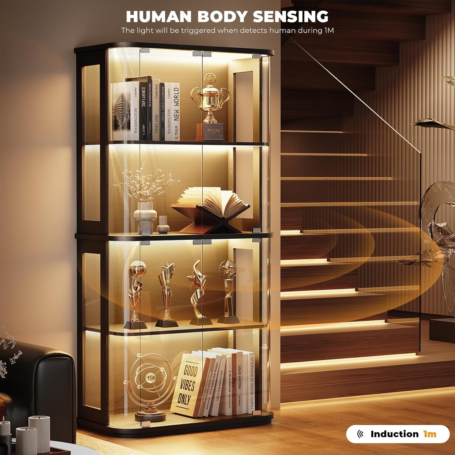 Rounded Display Cabinet with Glass Door, 4-Tier Curio Cabinet with Transparent Full-Display Surface for Collectibles, Glass Display Case with 3 Color Lights, Human Body Sensor, Black