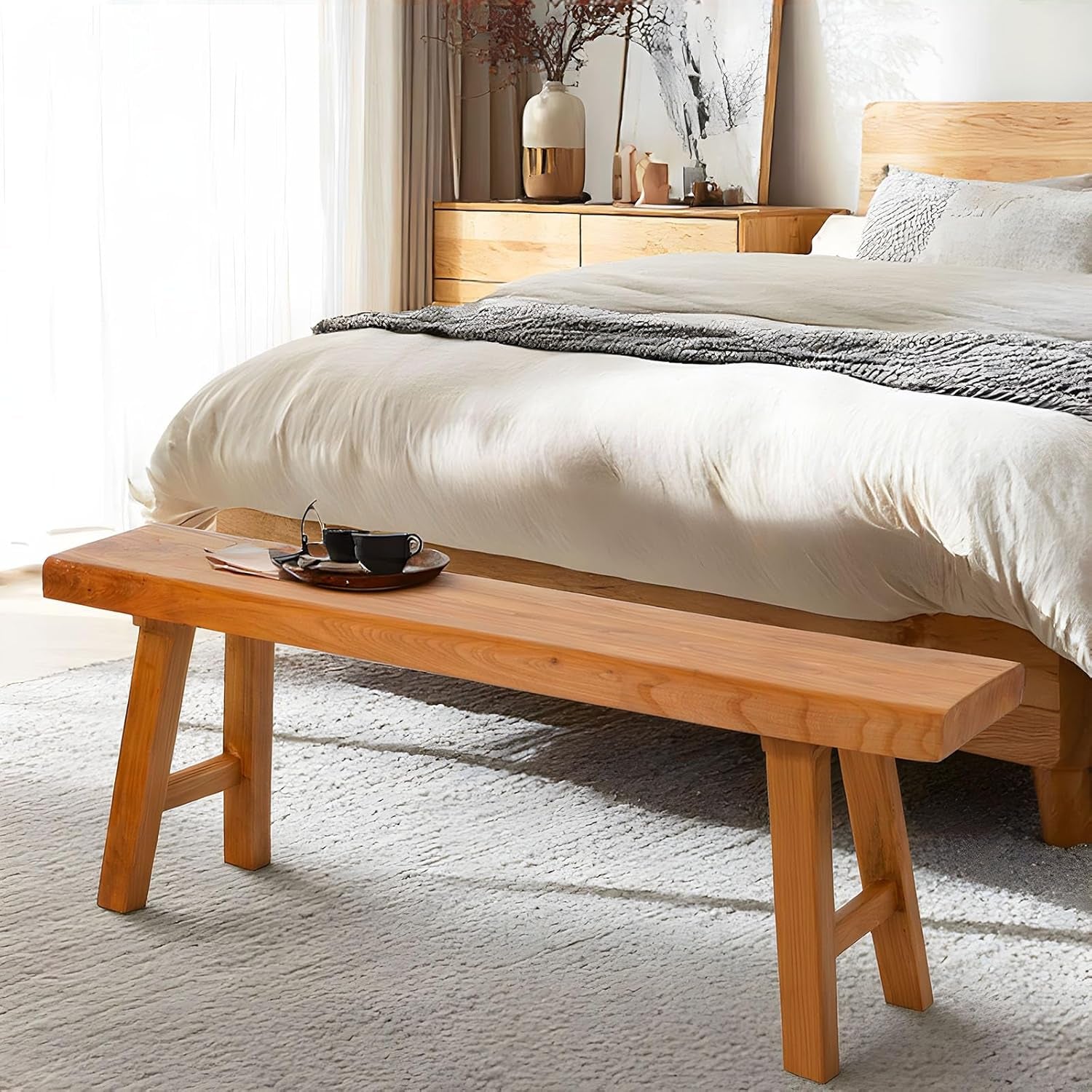 Farmhouse Indoor Wooden Living Room Dining Bench, Asian Natural Wood Kitchen Entryway Benc with Armless Design and Short Height, Solid Wood Shoe Bench Entryway Benches (31.5 * 10.2 * 17.7)
