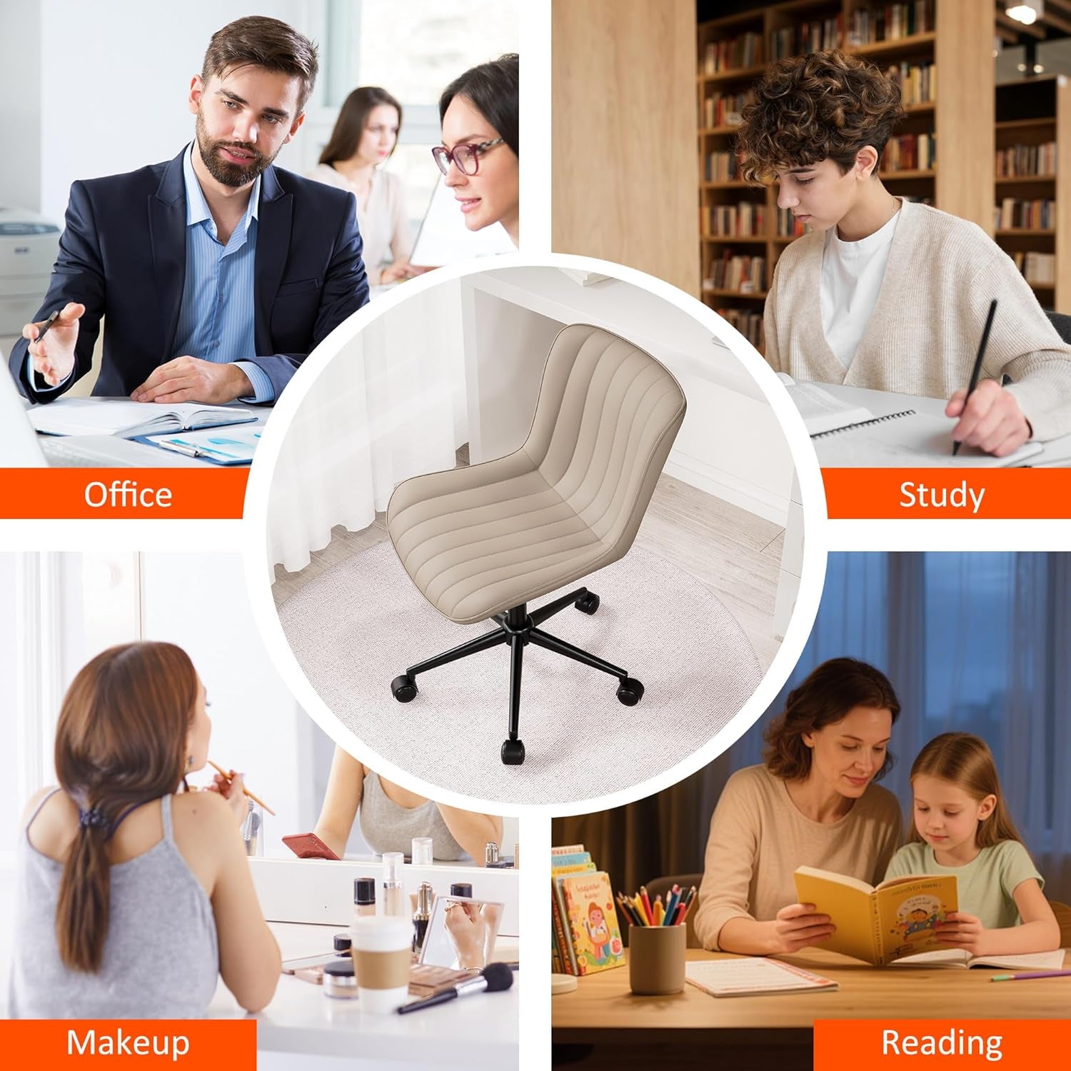 Khaki Leather Home Office Desk Chair with Wheels Modern Cute Armless Executive Swivel Vanity Chair with Comfy Padded Back Ergonomic Rolling Adjustable Computer Task Chair Small