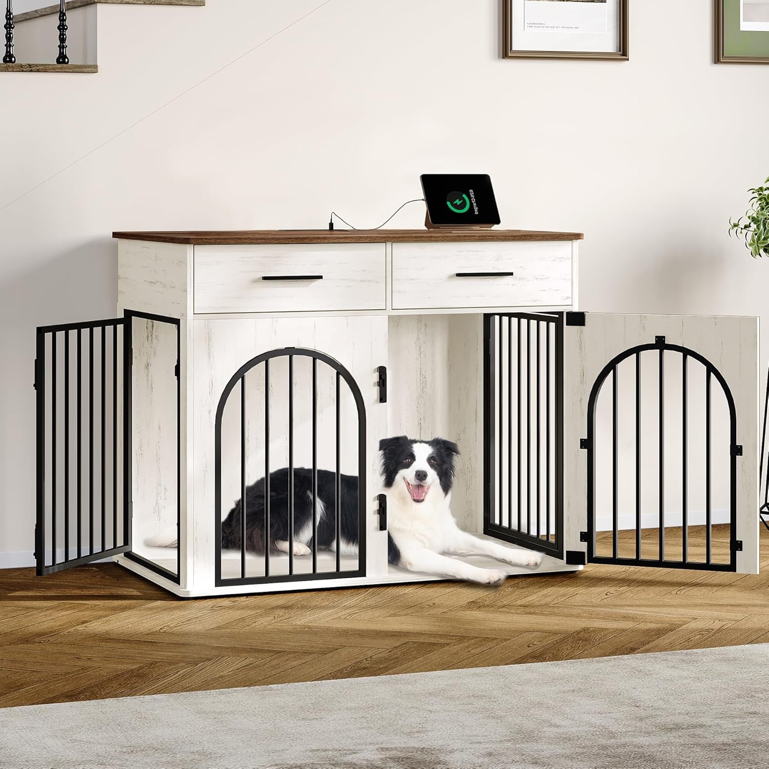 39.4'' Large Dog Crate Furniture with 2 Storage Drawers, Heavy Duty Dog Kennel Indoor with Charging Station, Wooden Dog Cage End Table Kennel for Medium/Large Dogs, White Brown DFC84214B