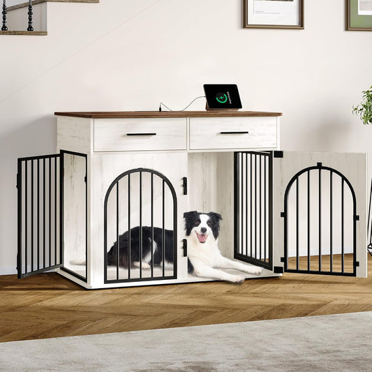 39.4'' Large Dog Crate Furniture with 2 Storage Drawers, Heavy Duty Dog Kennel Indoor with Charging Station, Wooden Dog Cage End Table Kennel for Medium/Large Dogs, White Brown DFC84214B