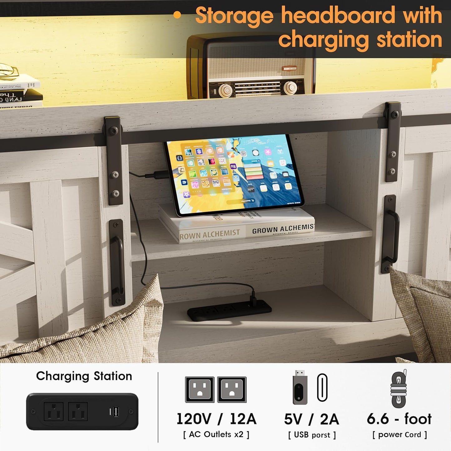 Farmhouse Full Size Bed Frame with 4 Drawers and Bookcase Headboard, Sliding Barn Door Storage Shelves, LED Lights and Charging Station, No Box Spring Needed, Antique White