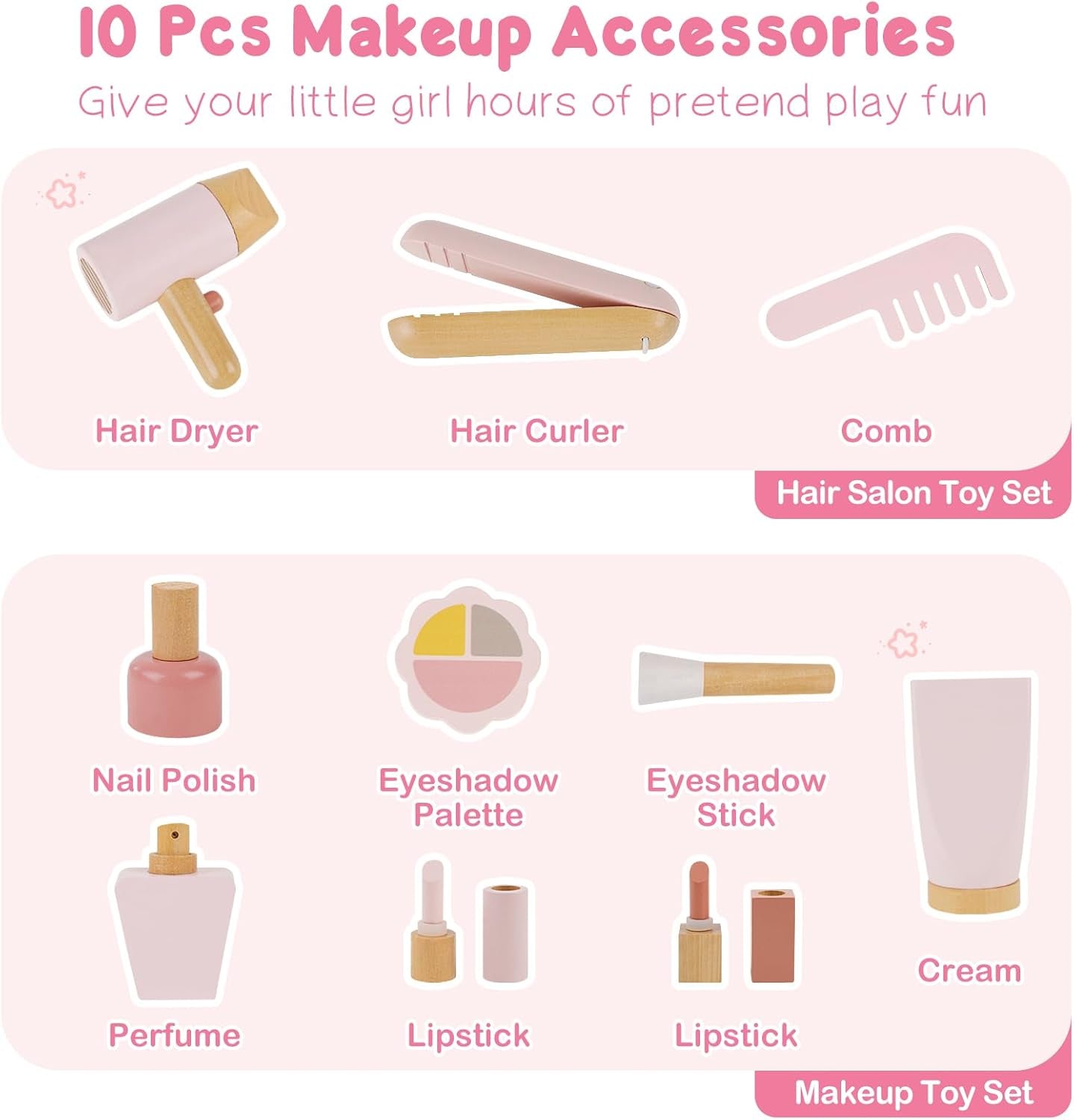 Wooden Kids Vanity Set with Acrylic Display Case, Pretend Play Toddler Makeup Vanity for Girls, Beauty Salon Set with Makeup Accessories, Little Girls Gift Age 3+ (Pink)