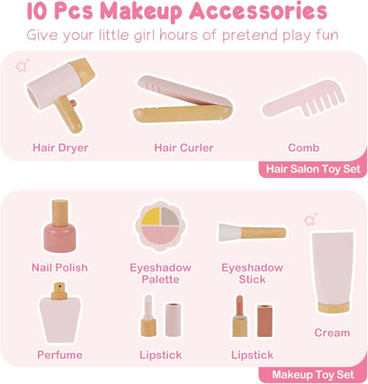 Wooden Kids Vanity Set with Acrylic Display Case, Pretend Play Toddler Makeup Vanity for Girls, Beauty Salon Set with Makeup Accessories, Little Girls Gift Age 3+ (Pink)